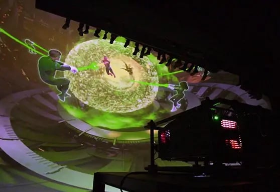 Projector displaying Green Lantern content during the Galactic Odyssey ride at Warner Bros. World Abu Dhabi.