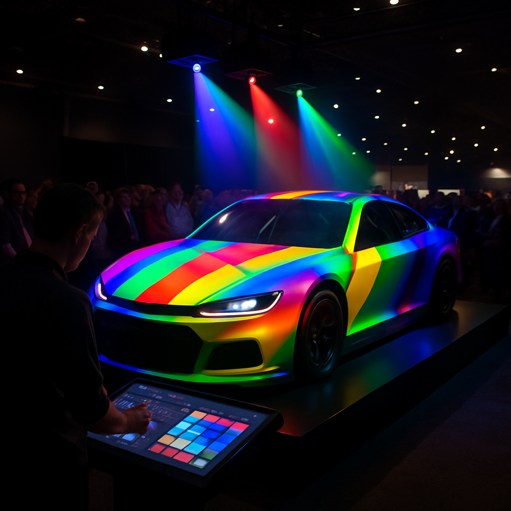 In a dimly lit trade show hall a sleek stock car model rests prominently on a polished platform Above powerful projectors cast colorful beams of light