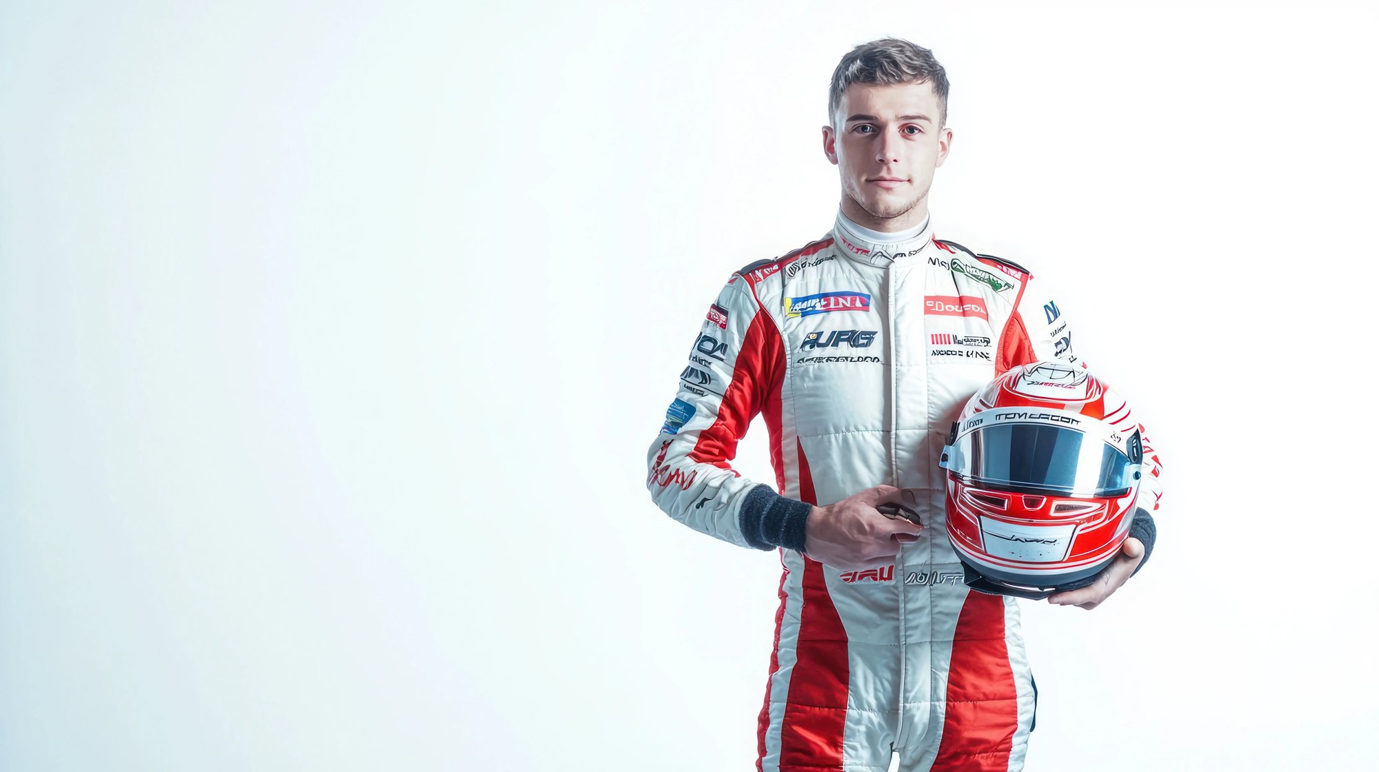 A racecar driver with his helmet removed looking forward at you waiting to ask him a question.